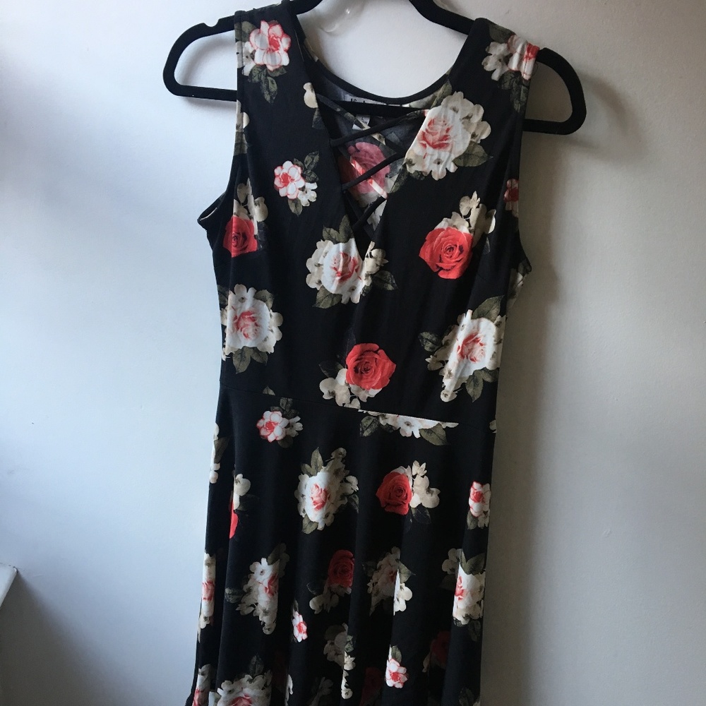 Black Floral Rose Print Skater Dress